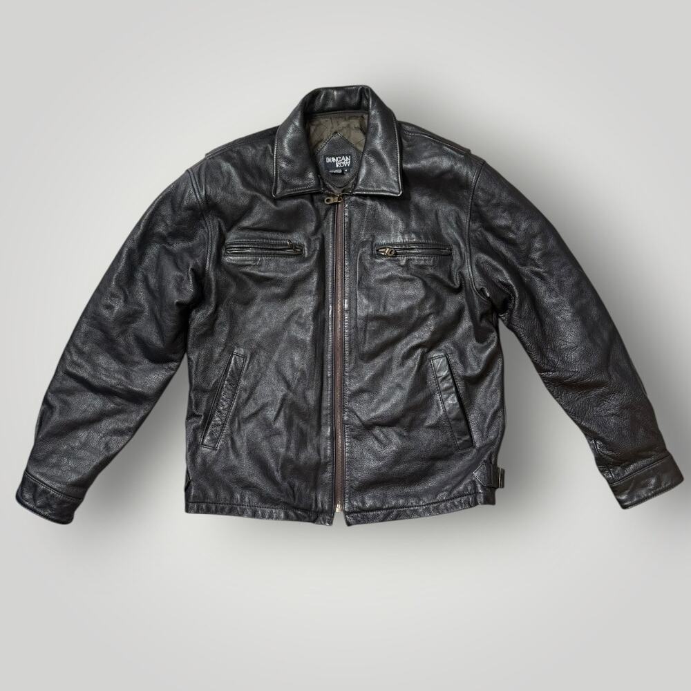 Duncan Row Black Leather Jacket Men’s Size M Zip Front Classic Biker Style
